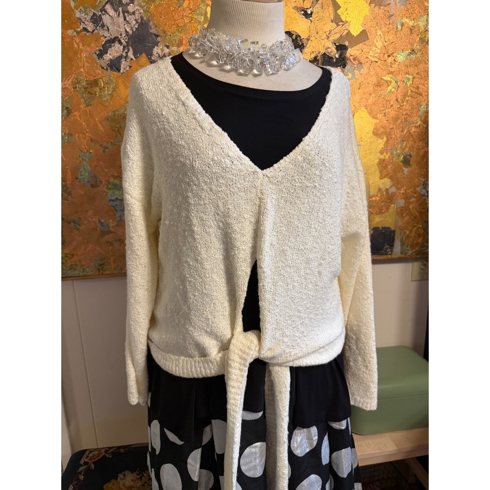Mon Renn Cream Boucle Knit Tie Front Cardigan Sweater V-Neck Size Large